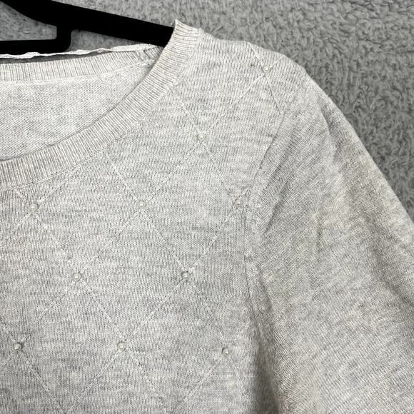 Elle Sweater Womens Large Gray Diamond Pattern Pearl Embellishment Short Sleeve - Picture 2 of 9